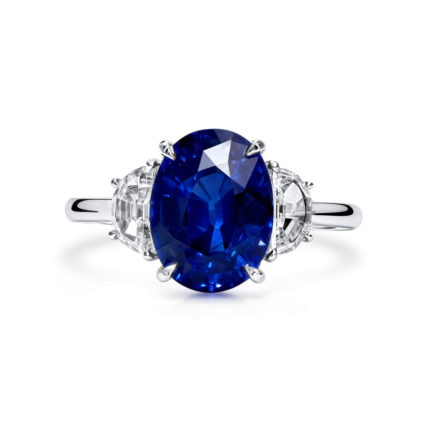 Natural Vivid Blue Ceylon Sapphire Three Stone Ring, 18K White Gold, Oval Shape, 5.11 Ct. TW