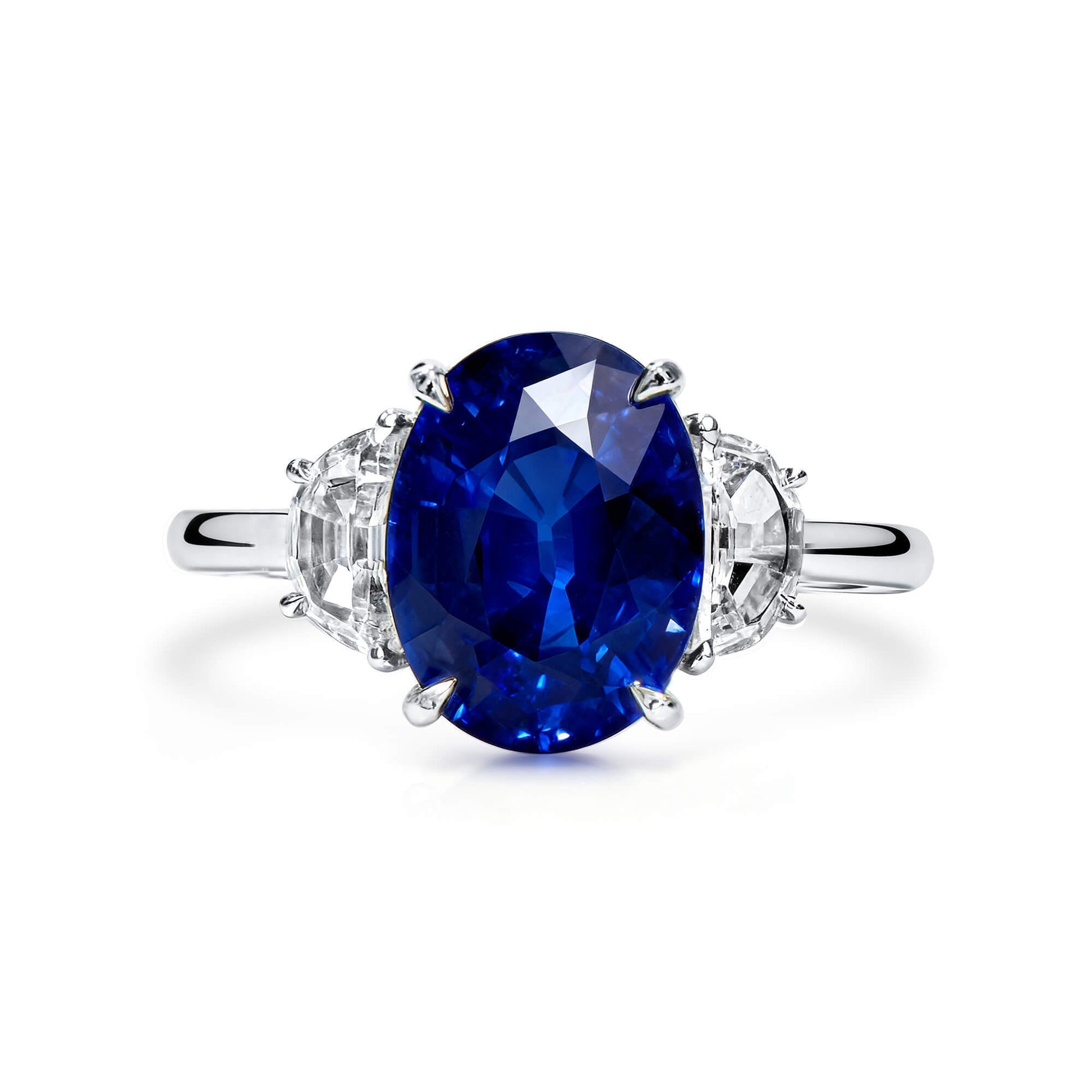 Natural Vivid Blue Ceylon Sapphire Three Stone Ring, 18K White Gold, Oval Shape, 5.11 Ct. TW