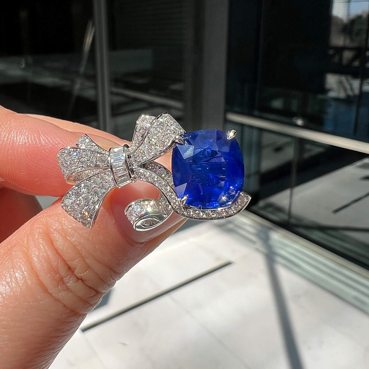 Natural Vivid Blue Ceylon Sapphire Ring with Diamonds, 18K White Gold, 7.00 Ct. TW