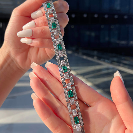 Natural Vivid Green Colombian Emerald Bracelet, 18K White Gold, Emerald Shape, 17.82 Ct. TW