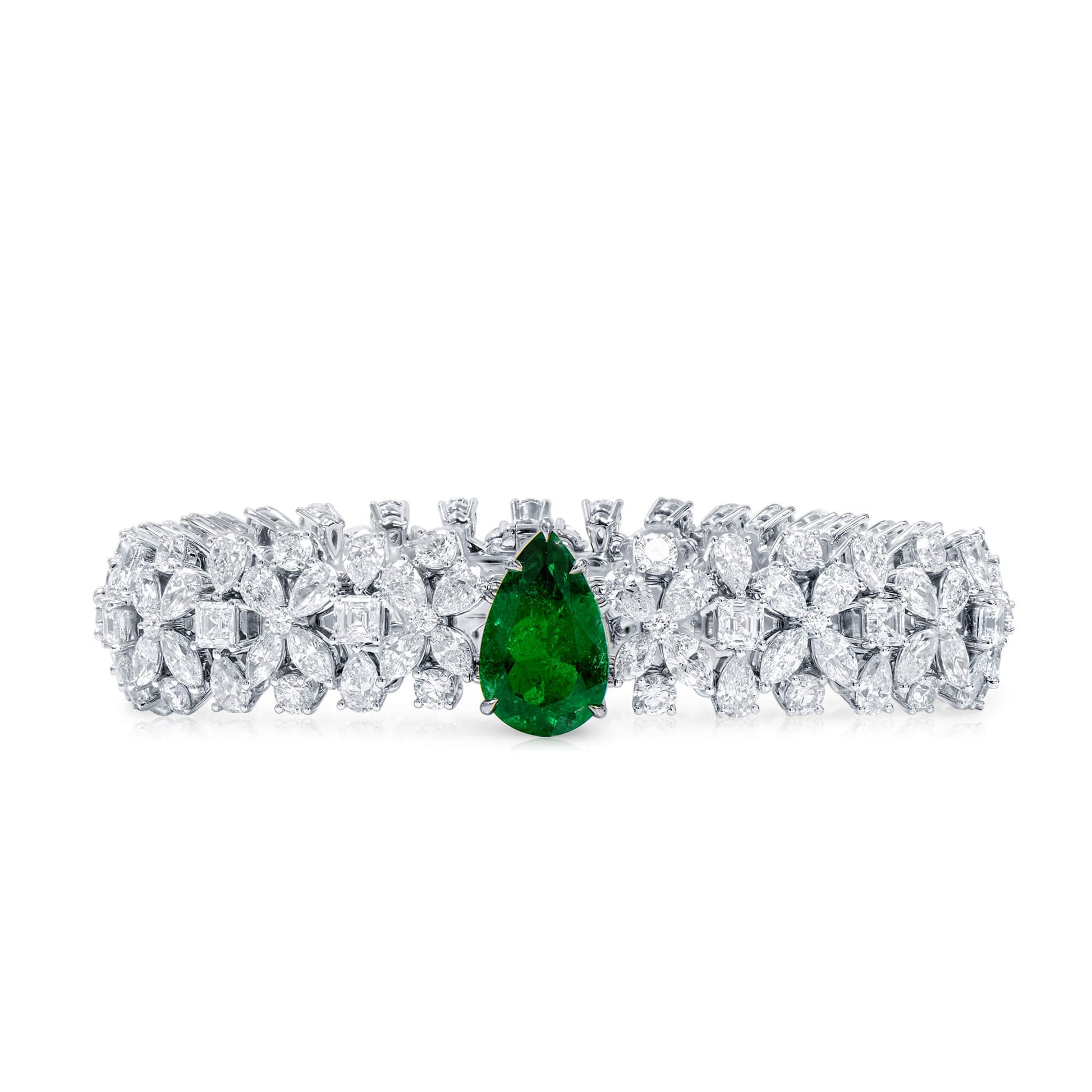 Natural Vivid Green Colombia Emerald Bracelet, 22.40 Ct. TW, Pear shape, C.DUNAIGRE Certified
