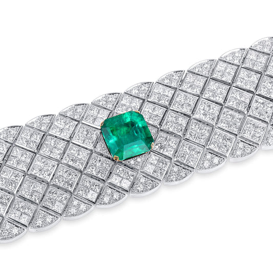 Natural Vivid Green Colombia Emerald And Diamond Bracelet, 45.02 Ct. TW, GRS Certified