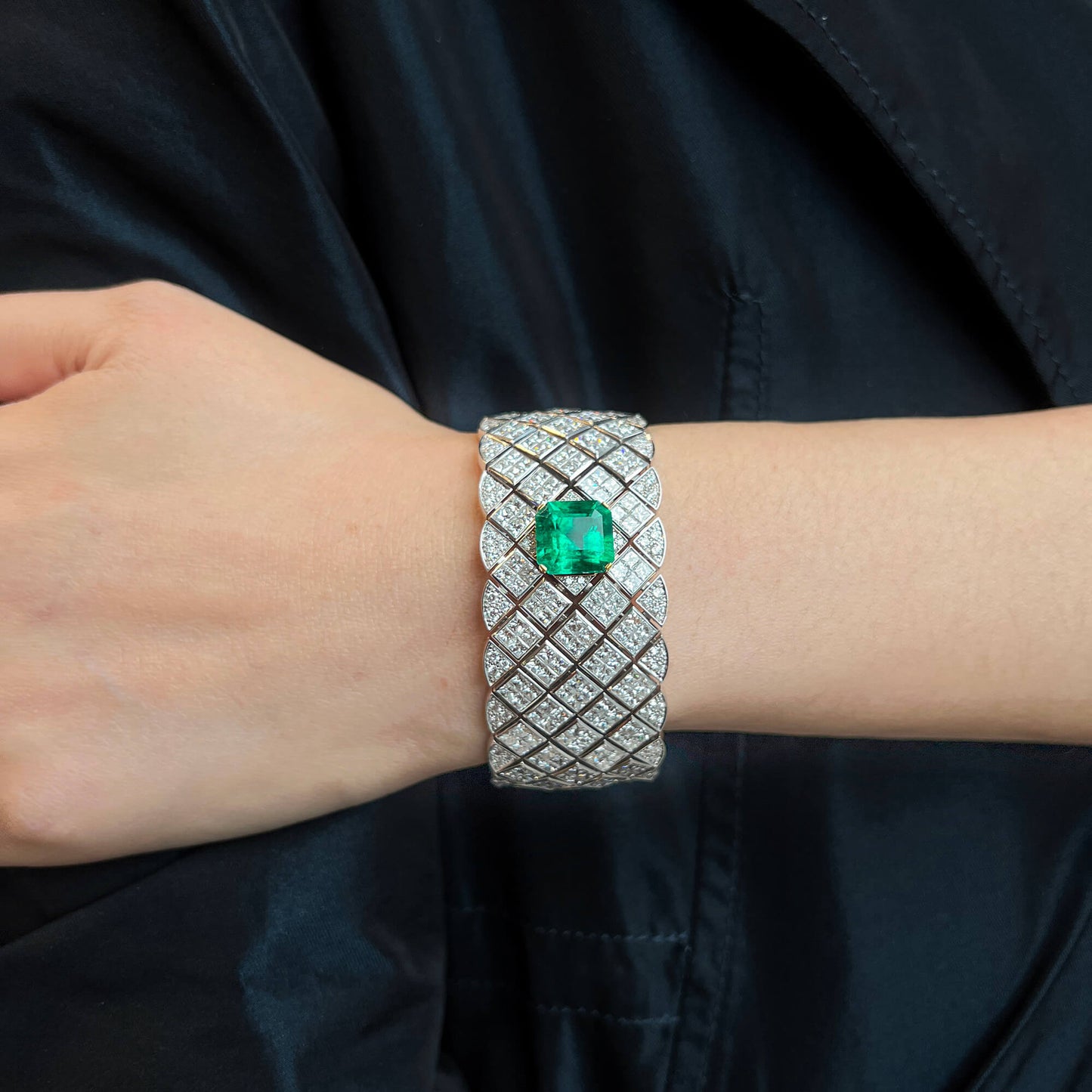 Natural Vivid Green Colombian Emerald & Diamond Bracelet, 18K White Gold, 45.02 Ct. TW