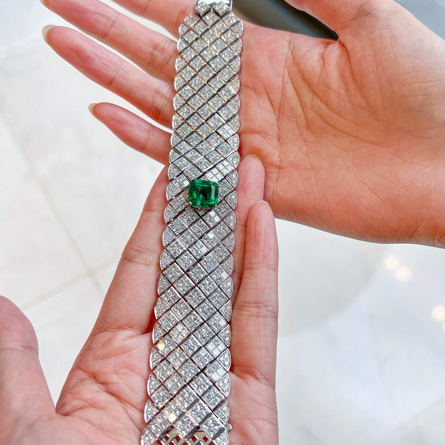 Natural Vivid Green Colombian Emerald & Diamond Bracelet, 18K White Gold, 45.02 Ct. TW