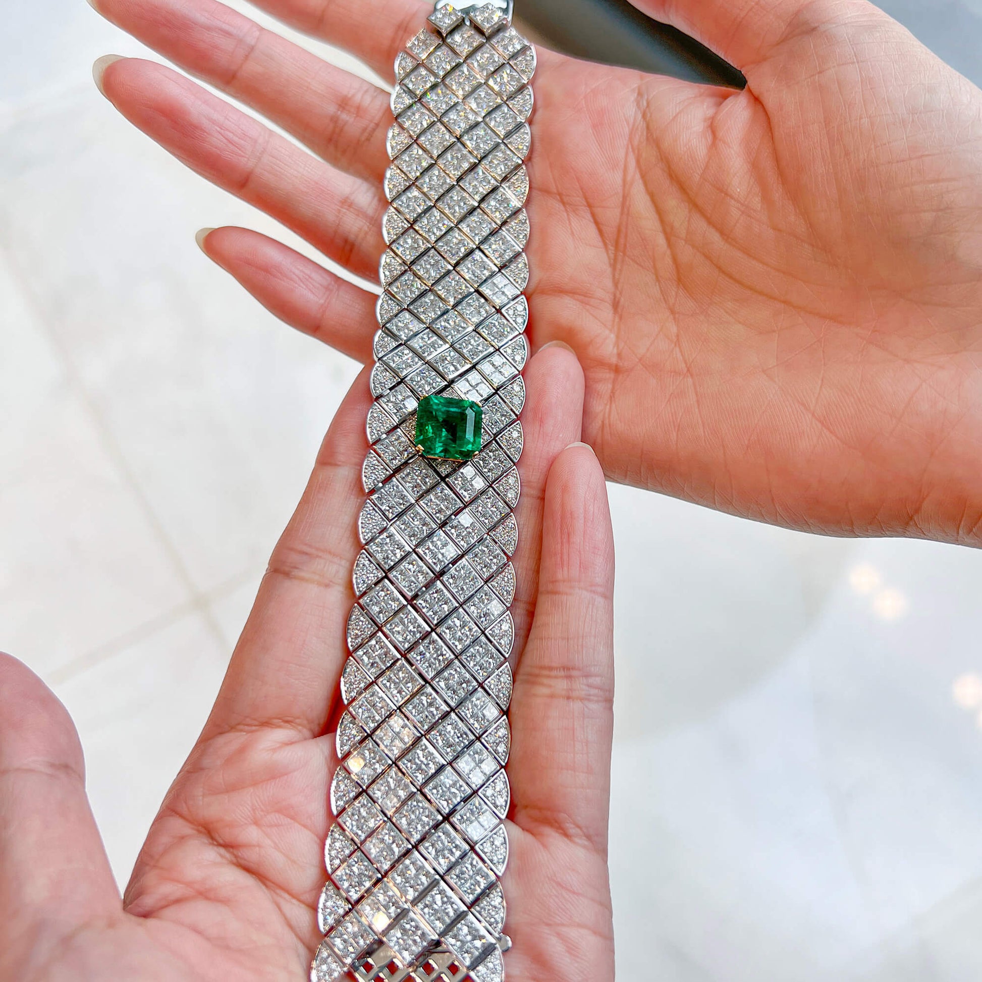 Natural Vivid Green Colombian Emerald & Diamond Bracelet, 18K White Gold, 45.02 Ct. TW