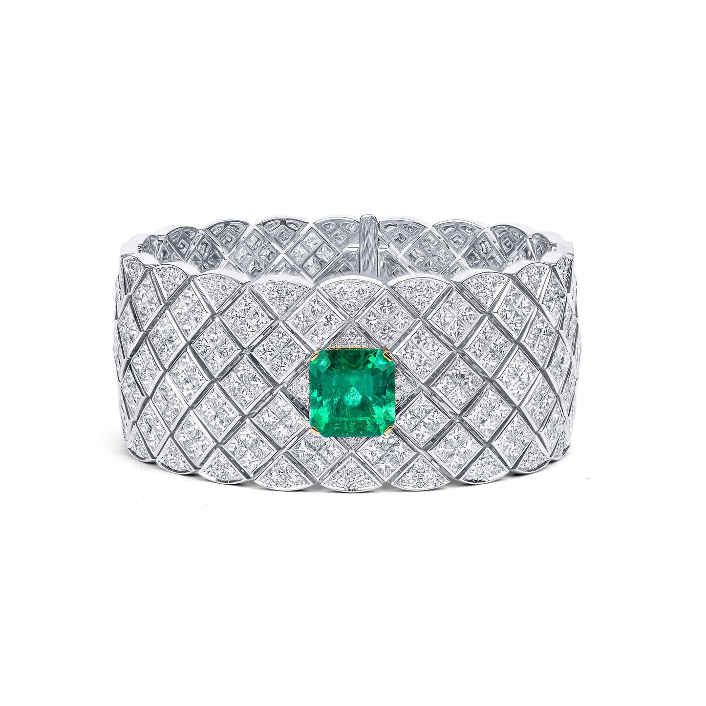 Natural Vivid Green Colombian Emerald & Diamond Bracelet, 18K White Gold, 45.02 Ct. TW