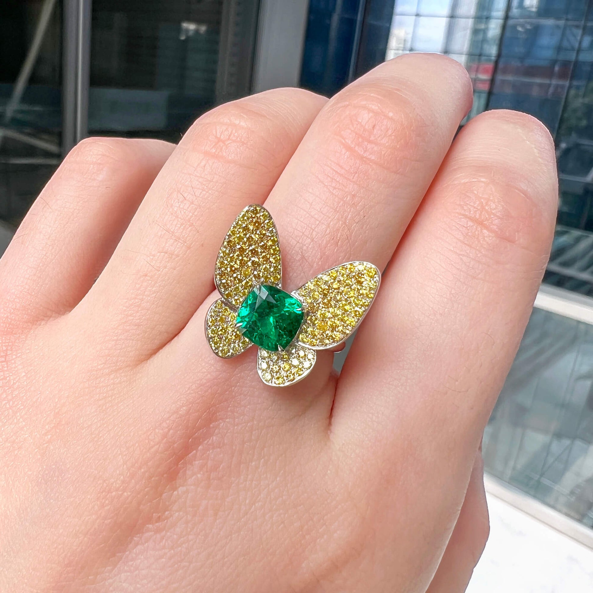 Natural Vivid Green Colombia Emerald Butterfly Shape Ring, 1.36 Ct. (2.16 Ct. TW), GRS2020-128119