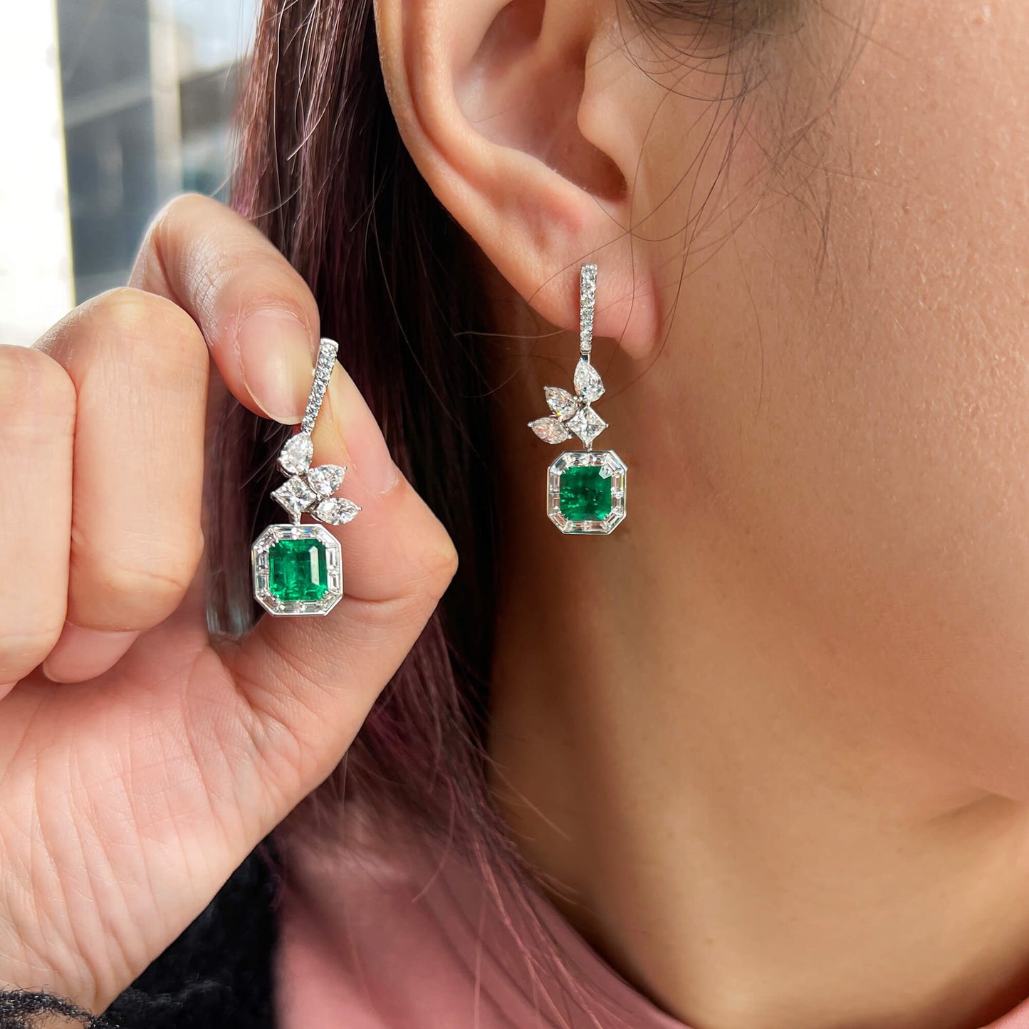 Natural Vivid Green Colombian Emerald and White Diamond Drop Earrings, 18K White Gold, Cushion Shape, 7.24 Ct. TW