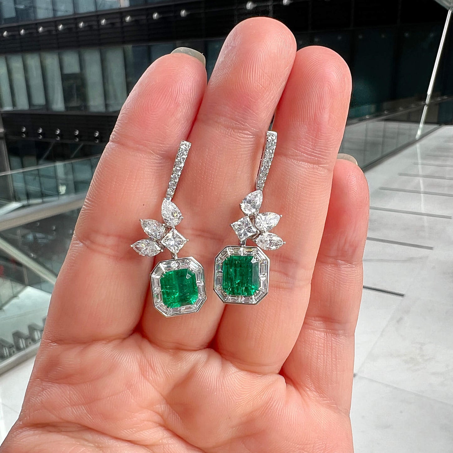 Natural Vivid Green Colombian Emerald and White Diamond Drop Earrings, 18K White Gold, Cushion Shape, 7.24 Ct. TW