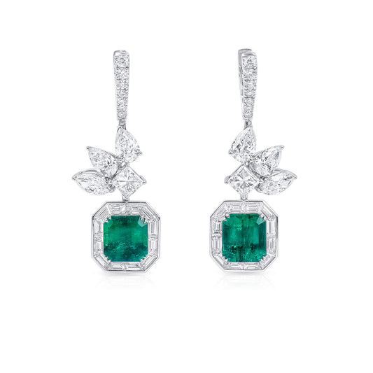 Natural Vivid Green Colombia Emerald Earrings, 7.24 Ct. TW, Octagonal shape GRS Certified