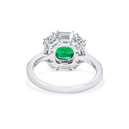 Natural Vivid Green Colombian Emerald Halo Ring, 18K White Gold, Cushion Shape, 2.70 Ct. TW
