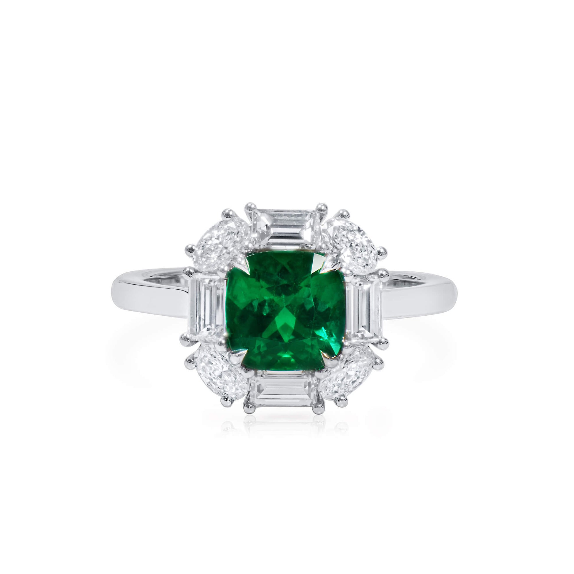 Natural Vivid Green Colombian Emerald Halo Ring, 18K White Gold, Cushion Shape, 2.70 Ct. TW