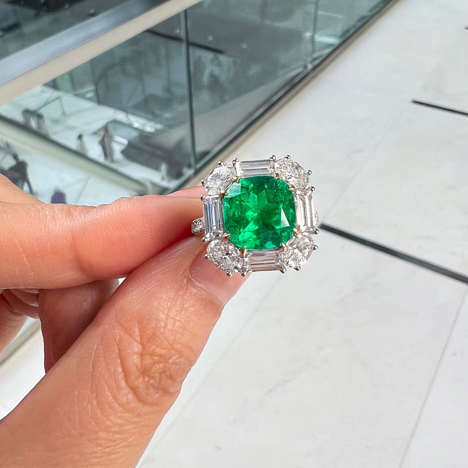 Natural Vivid Green Colombia Emerald Ring, 6.06 Ct. TW, Cushion shape, GRS Certified
