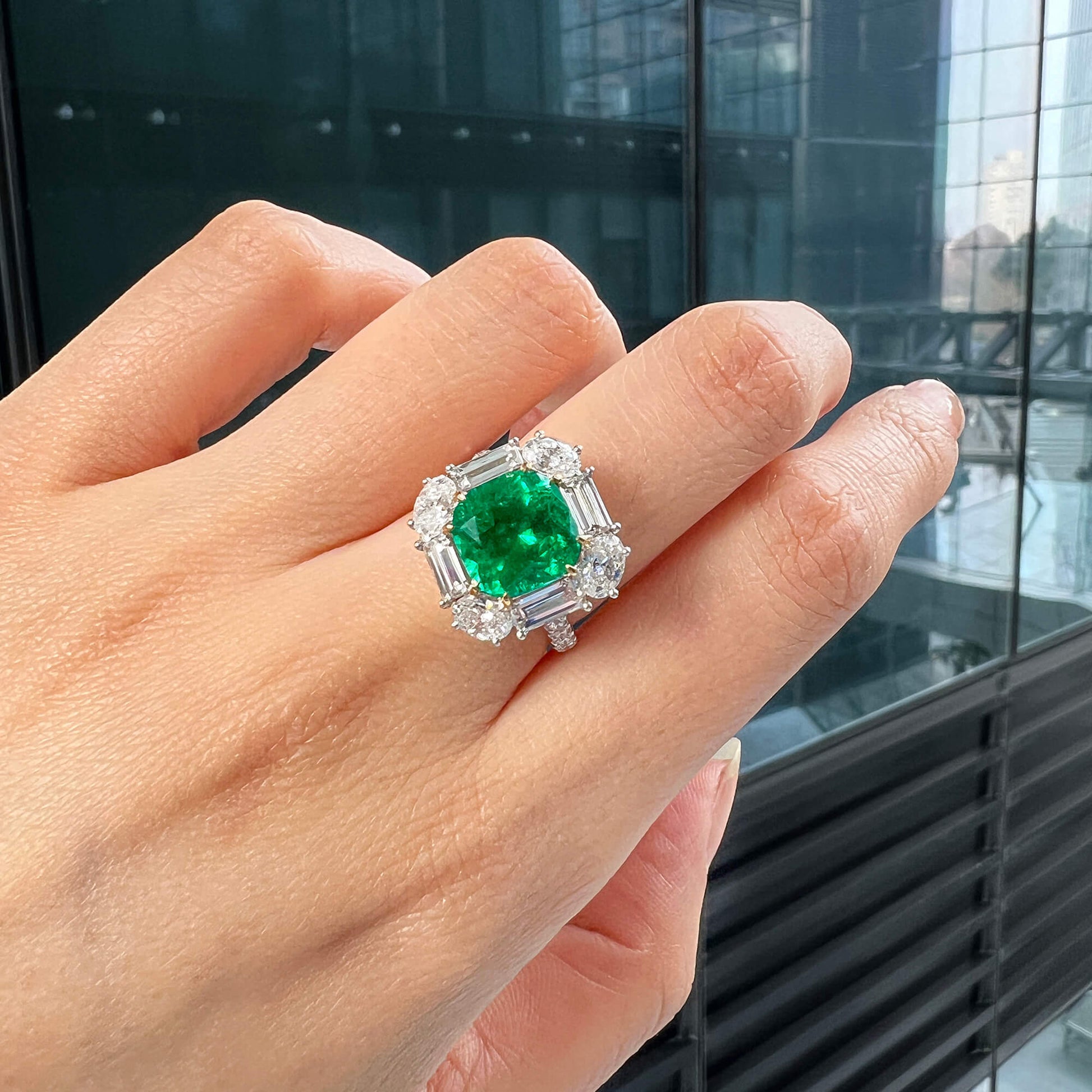 Natural Vivid Green Colombia Emerald Ring, 6.06 Ct. TW, Cushion shape, GRS Certified