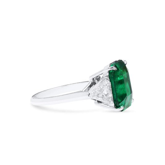 Natural Vivid Green Colombian Emerald & Diamond Three Stone Ring, 18K White Gold, Octagonal Shape, 9.03 Ct. TW