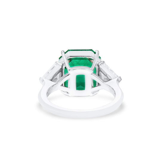 Natural Vivid Green Colombian Emerald & Diamond Three Stone Ring, 18K White Gold, Octagonal Shape, 9.03 Ct. TW