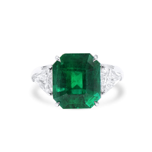Natural Vivid Green Colombian Emerald & Diamond Three Stone Ring, 18K White Gold, Octagonal Shape, 9.03 Ct. TW