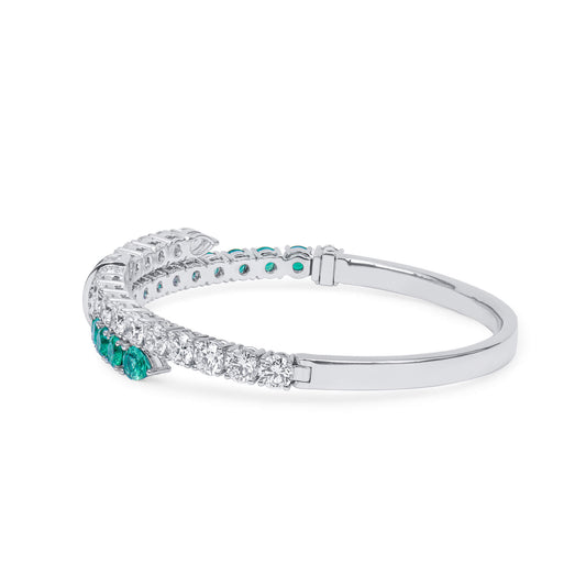 Natural Diamond and Vivid Green Colombian Emerald Bangle, 18K White Gold, 8.03 Ct. TW