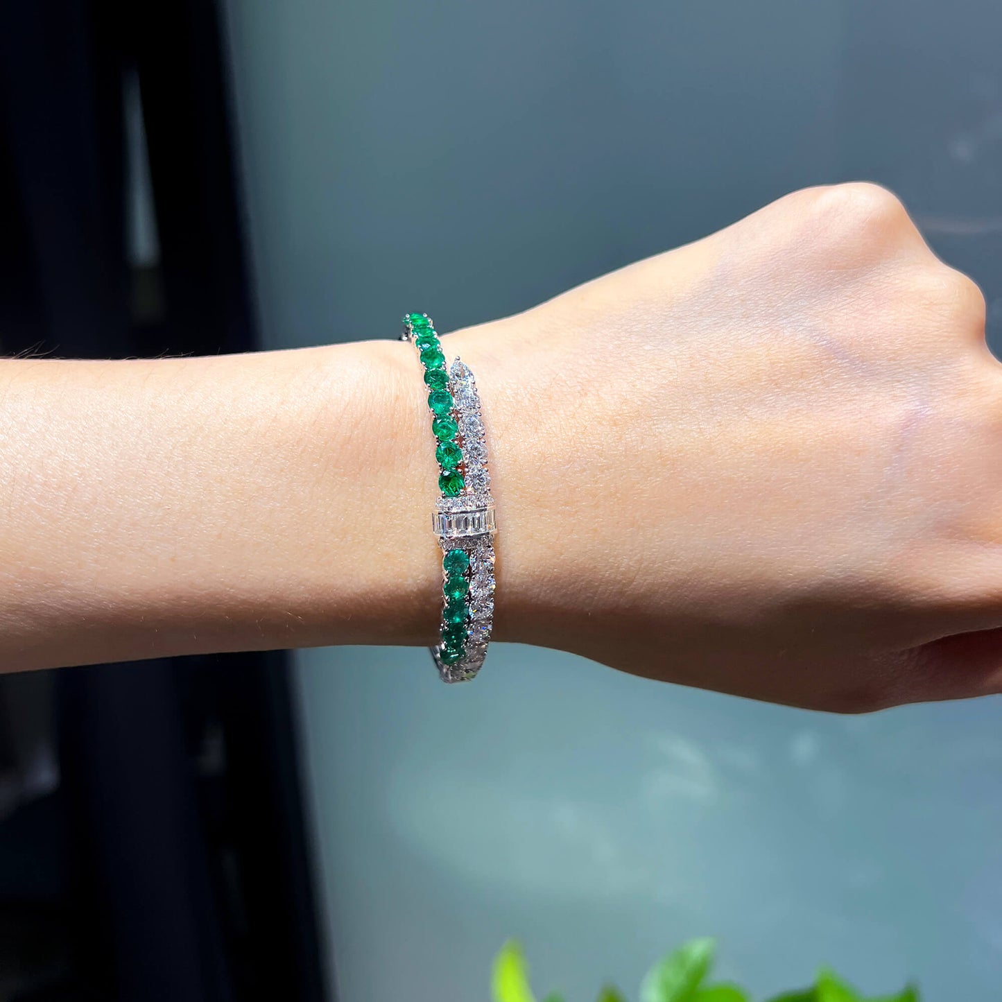 Natural Diamond and Vivid Green Colombian Emerald Bangle, 18K White Gold, 8.03 Ct. TW