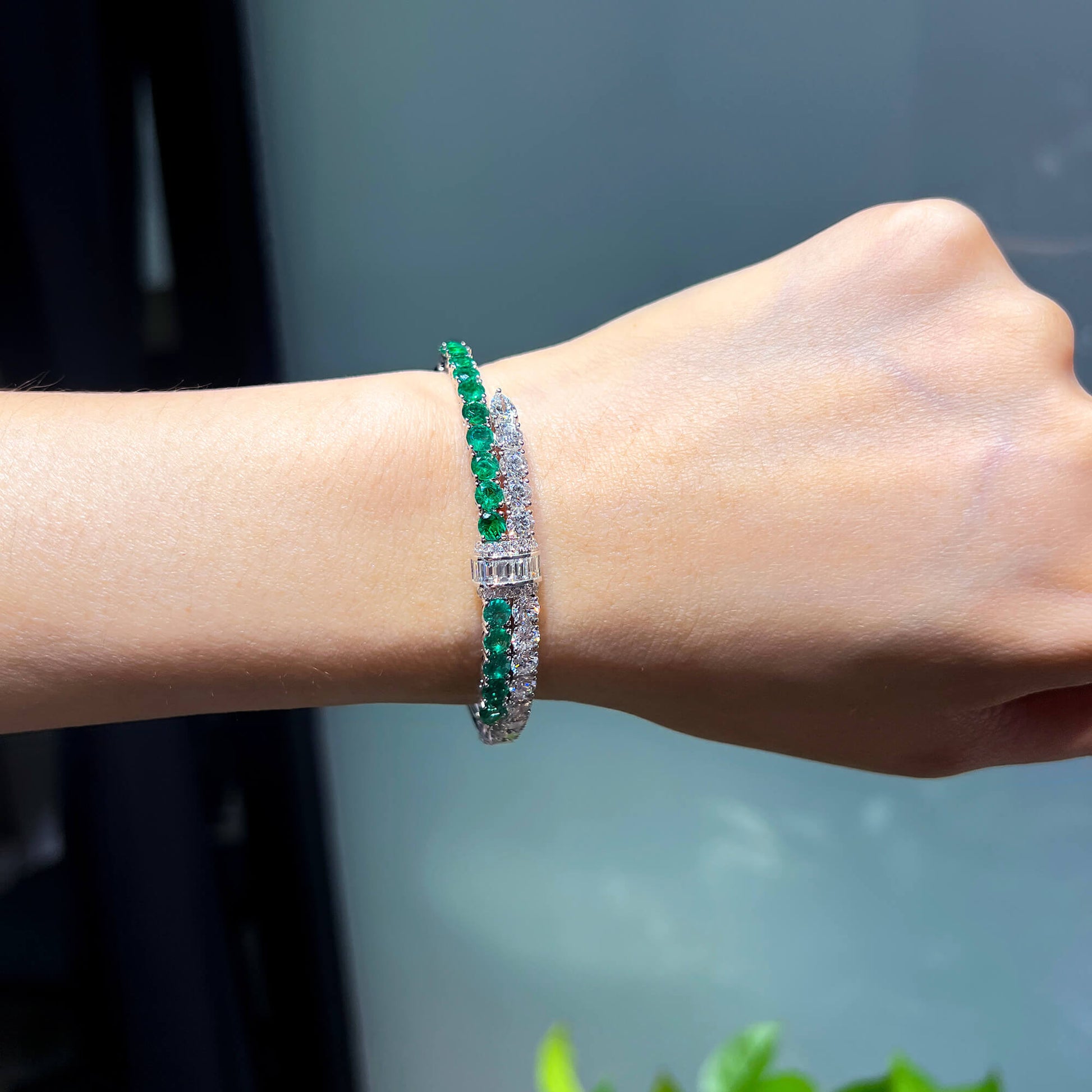 Natural Diamond and Vivid Green Colombian Emerald Bangle, 18K White Gold, 8.03 Ct. TW