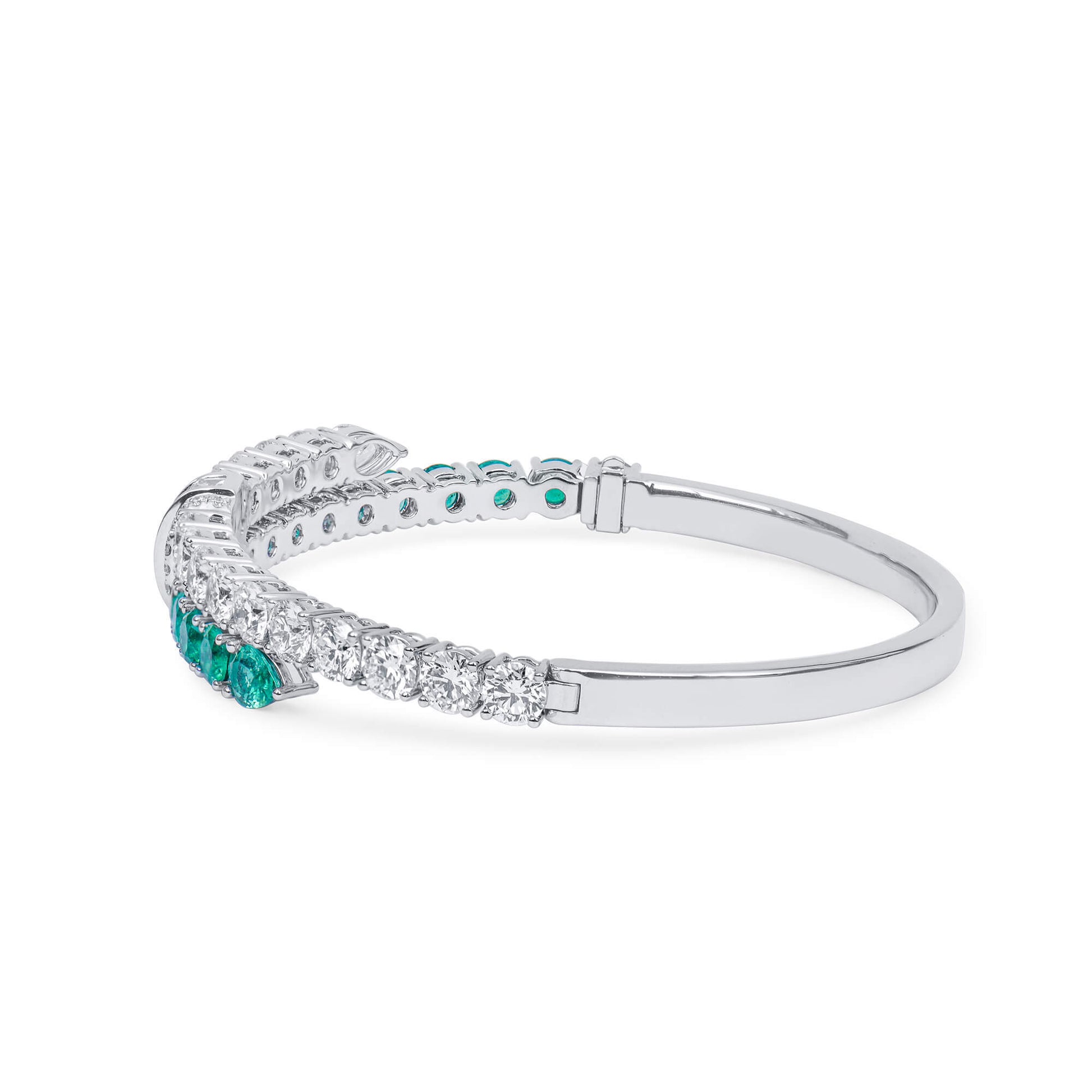 Natural Diamond and Vivid Green Colombian Emerald Bangle, 18K White Gold, 8.03 Ct. TW