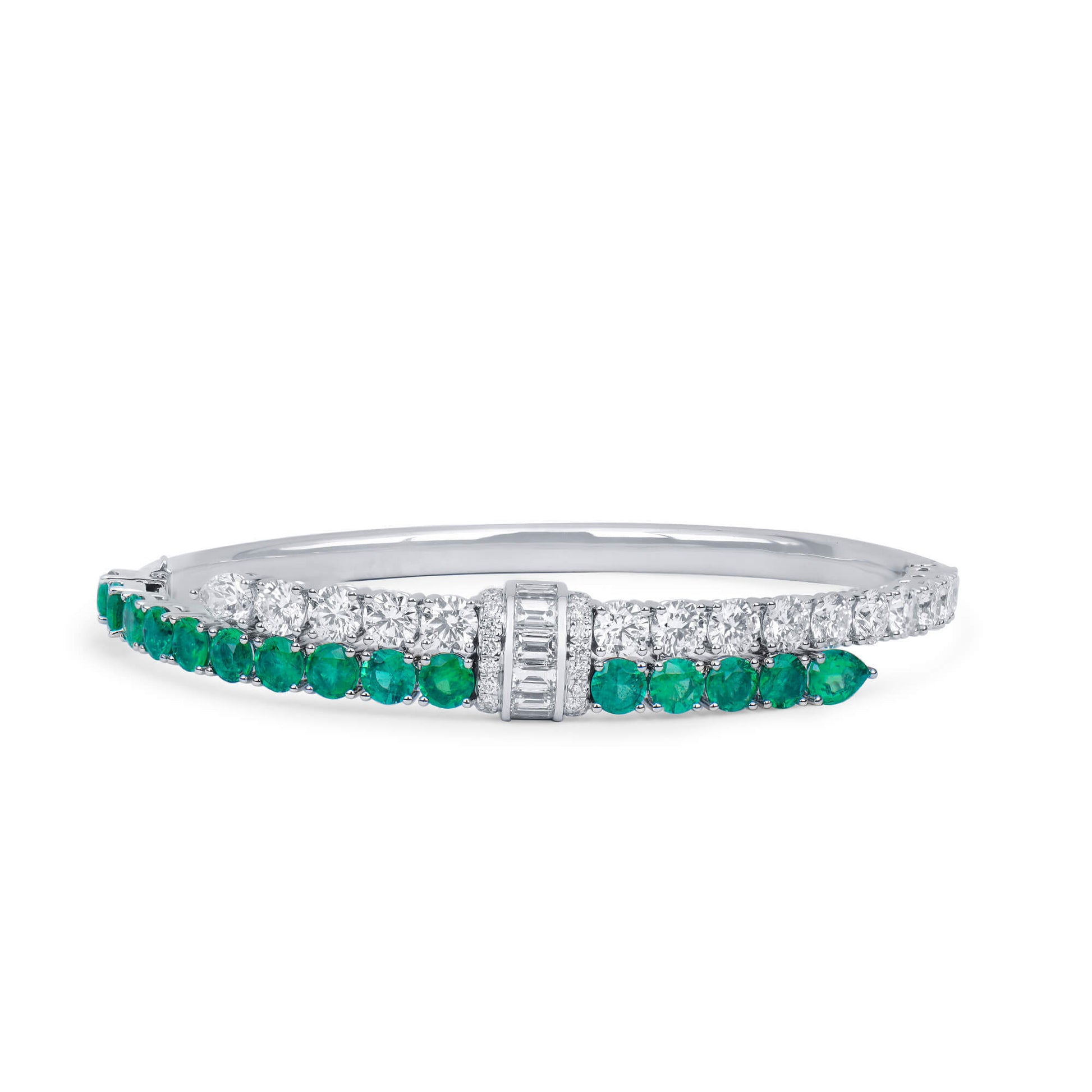 Natural Diamond and Vivid Green Colombian Emerald Bangle, 18K White Gold, 8.03 Ct. TW