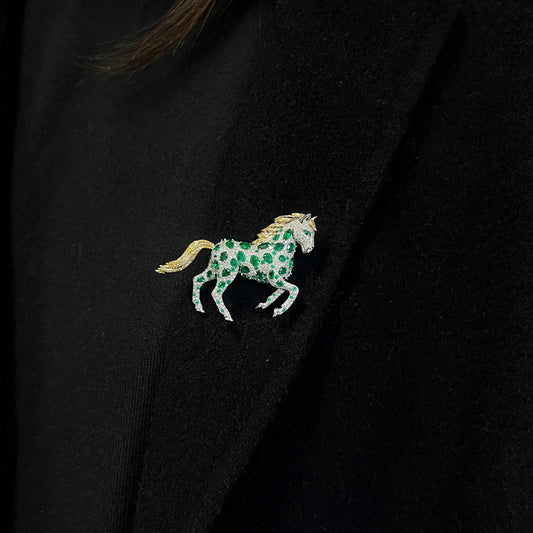Natural Emerald And Diamond Horse Brooch, 14K White Gold, 5.30 Ct. TW
