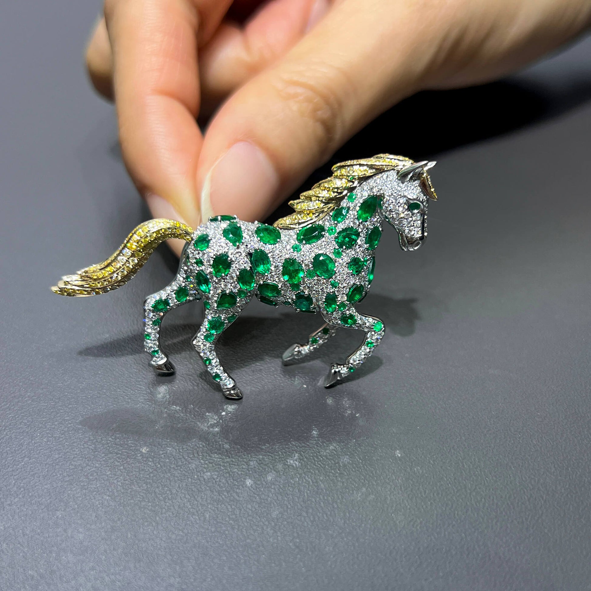 Natural Emerald And Diamond Horse Brooch, 14K White Gold, 5.30 Ct. TW