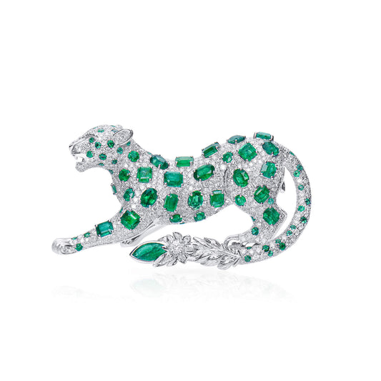 Natural Vivid Green Emerald And Diamond Brooch, 14K White Gold, 7.85 Ct. TW