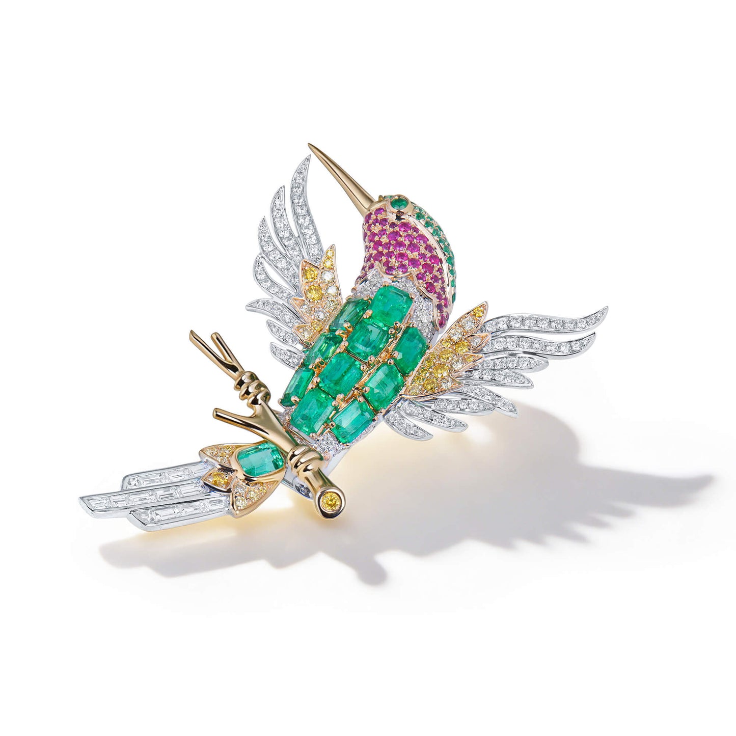 Natural Emerald Ruby & Diamond Bird Brooch, 18K Gold, 4.72 Ct. TW