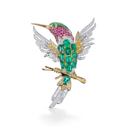 Natural Emerald Ruby & Diamond Bird Brooch, 18K Gold, 4.72 Ct. TW