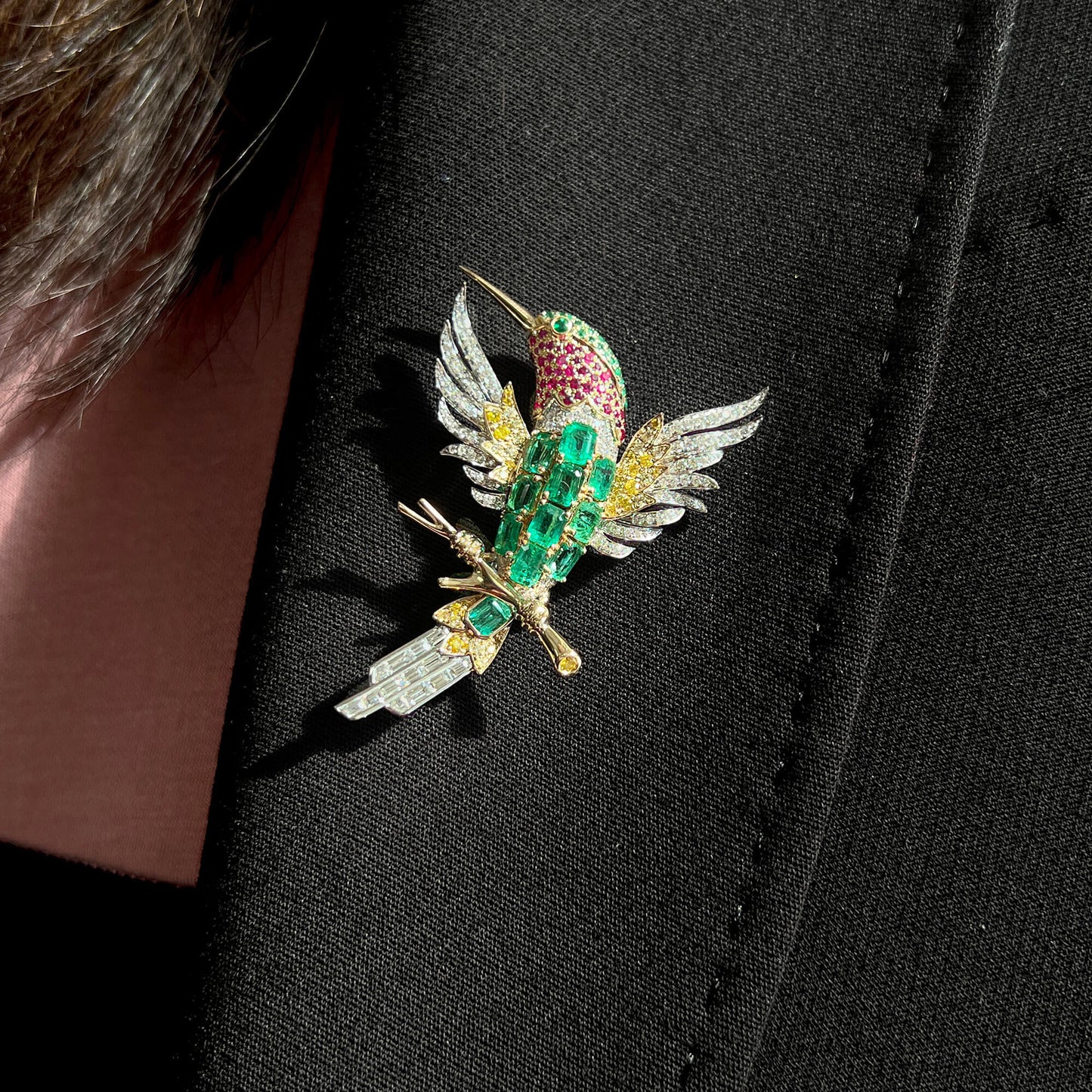 Natural Emerald Ruby & Diamond Bird Brooch, 18K Gold, 4.72 Ct. TW
