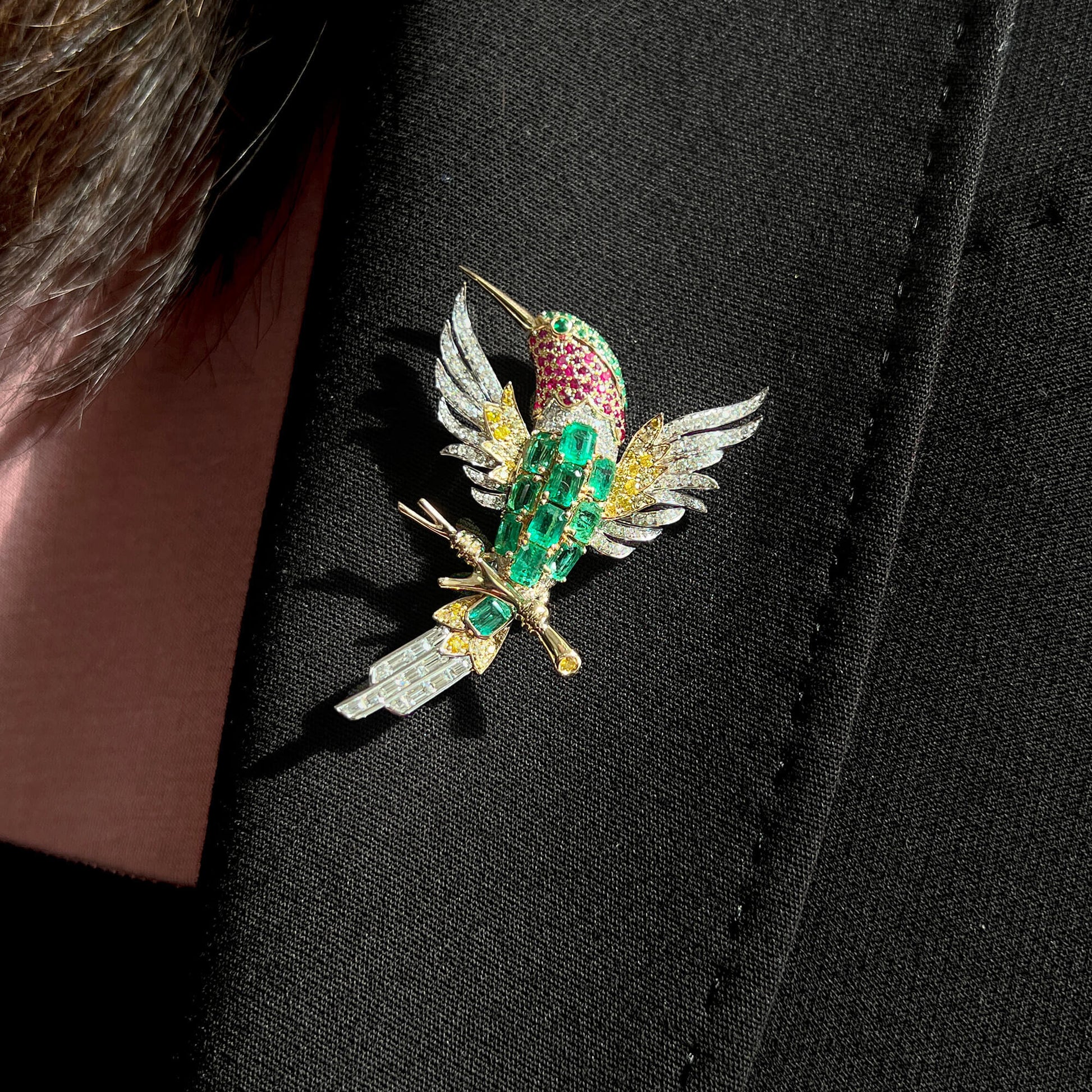 Natural Emerald Ruby & Diamond Bird Brooch, 18K Gold, 4.72 Ct. TW