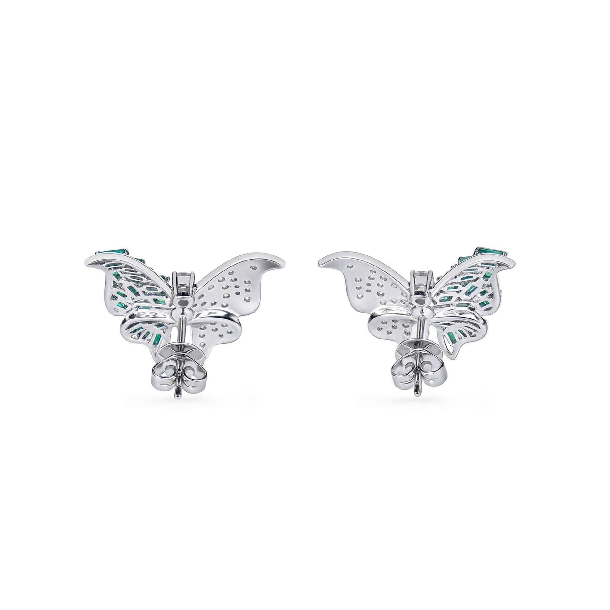 Natural Emerald And Diamond Butterfly Earrings, 14K White Gold, 1.21 Ct. TW
