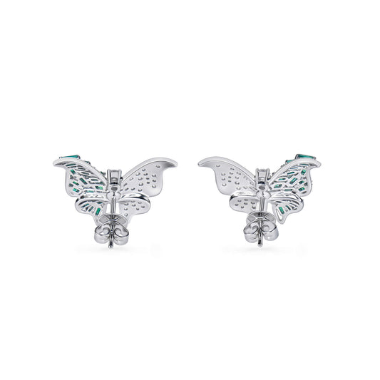 Natural Emerald And Diamond Butterfly Earrings, 14K White Gold, 1.21 Ct. TW