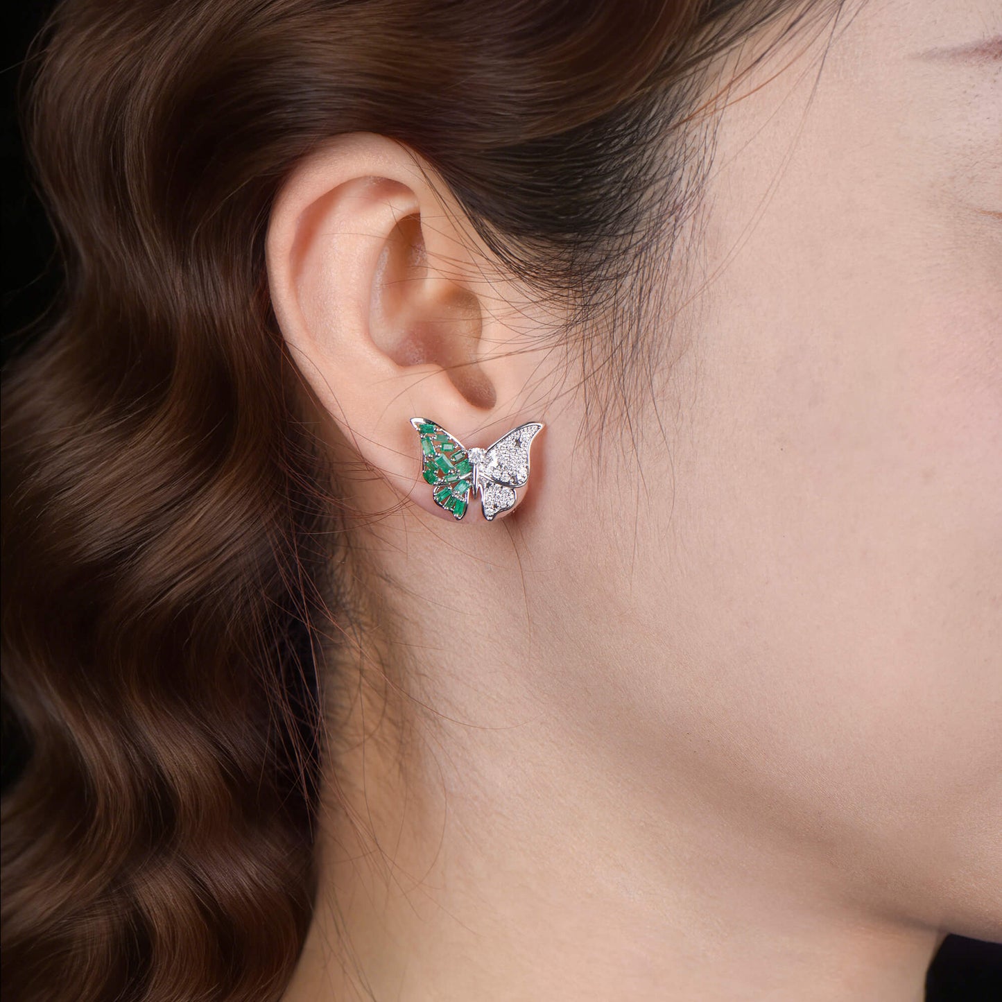 Natural Emerald And Diamond Butterfly Earrings, 14K White Gold, 1.21 Ct. TW