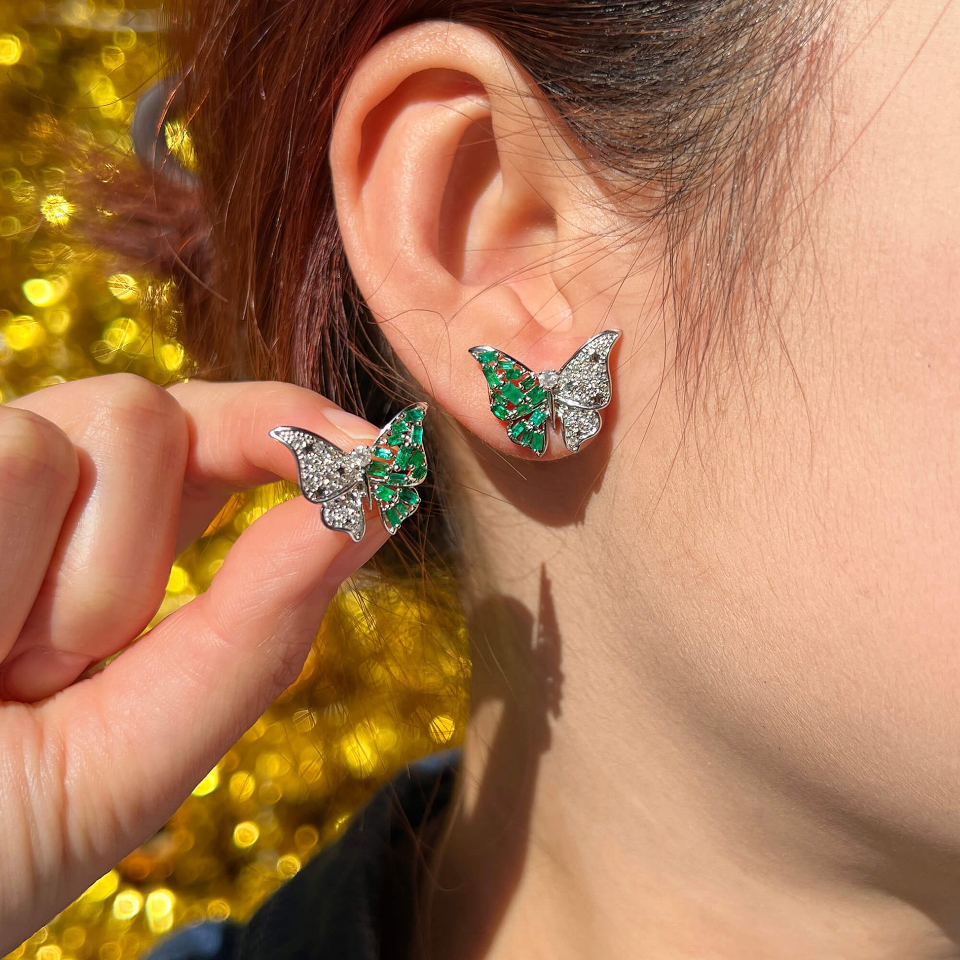 Natural Emerald And Diamond Butterfly Earrings, 14K White Gold, 1.21 Ct. TW