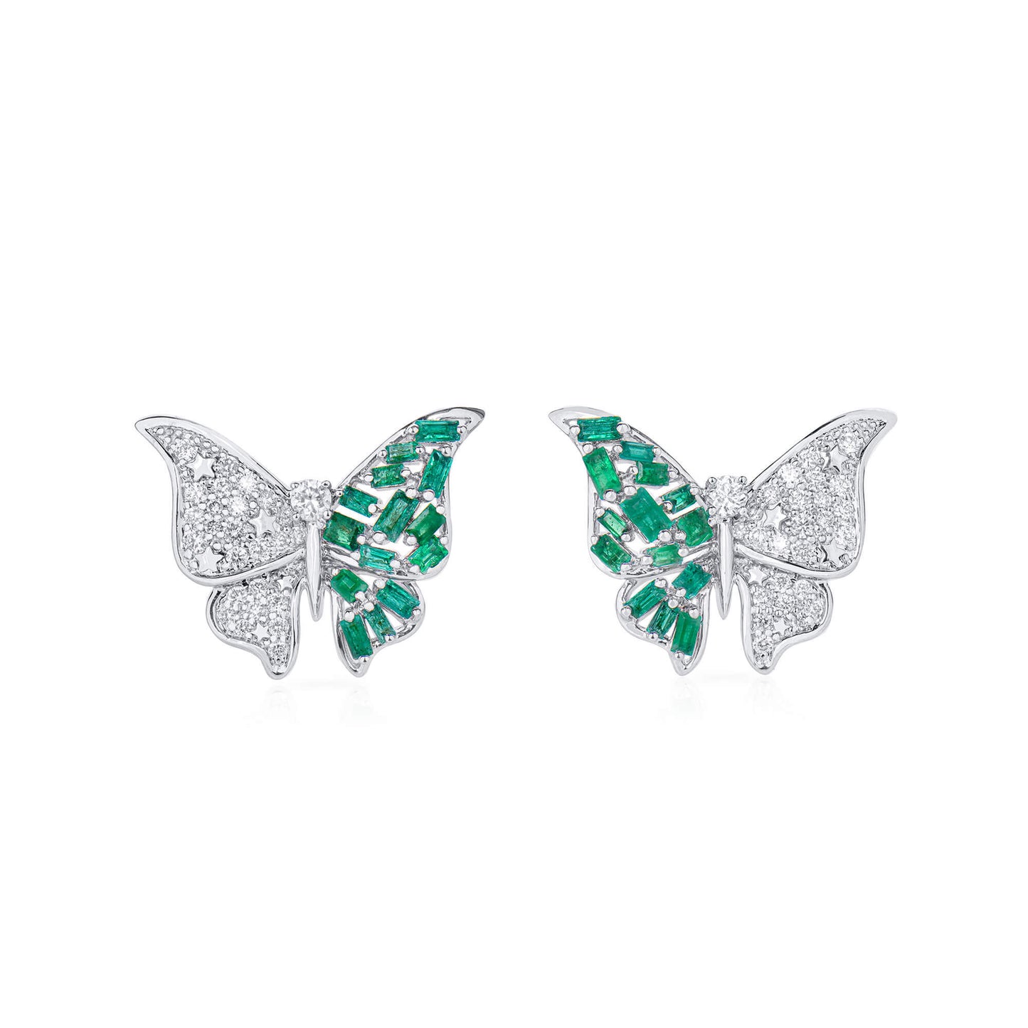 Natural Emerald And Diamond Butterfly Earrings, 14K White Gold, 1.21 Ct. TW