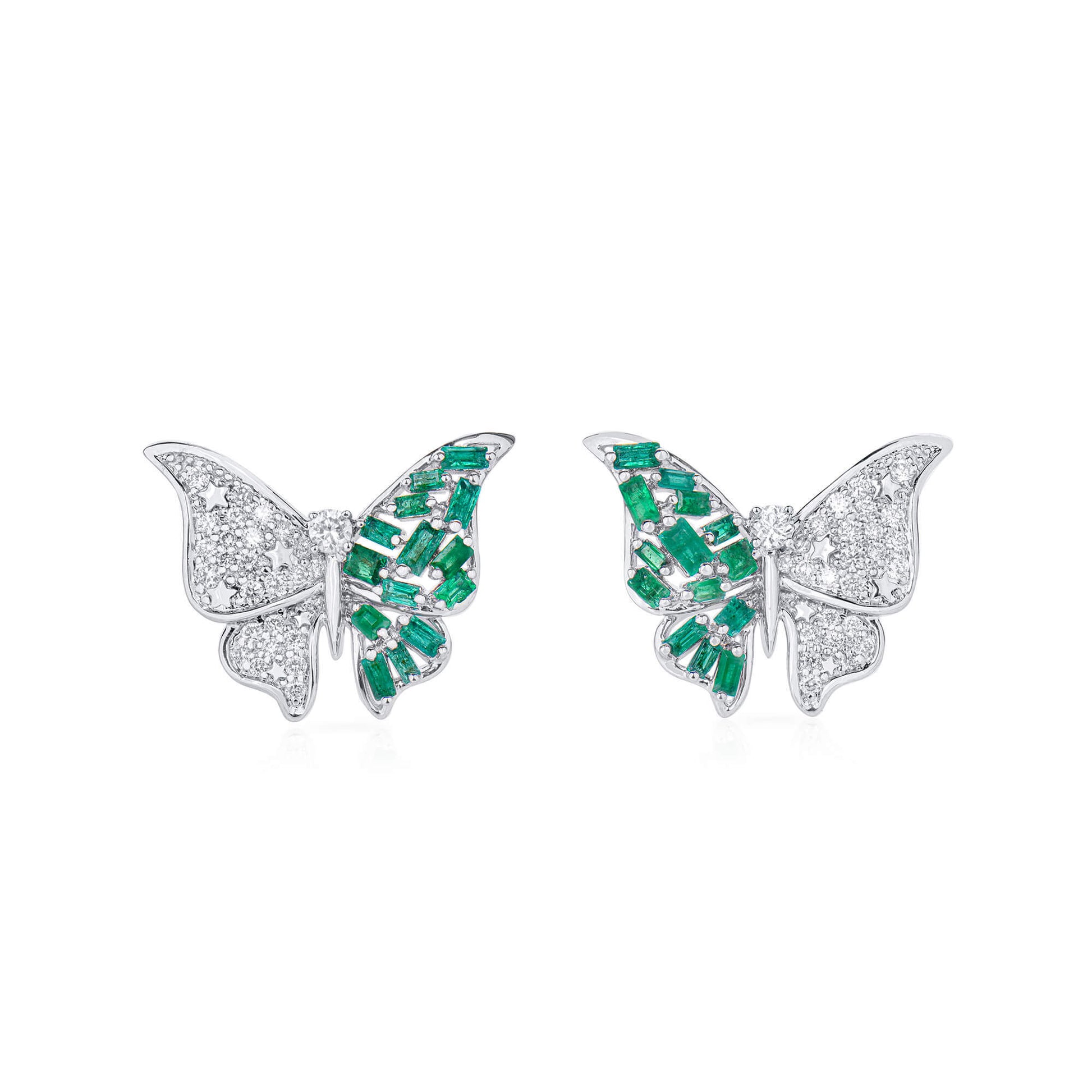 Natural Emerald And Diamond Butterfly Earrings, 14K White Gold, 1.21 Ct. TW