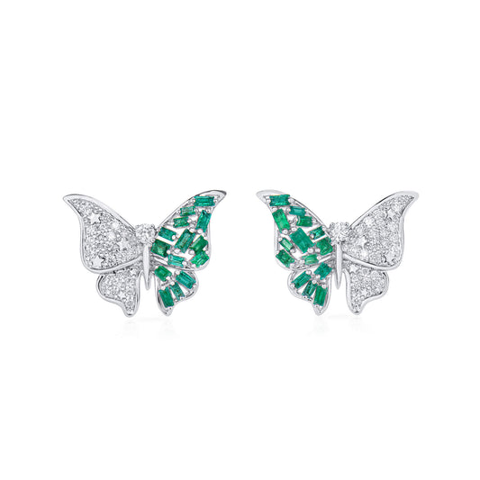 Natural Emerald And Diamond Butterfly Earrings, 14K White Gold, 1.21 Ct. TW