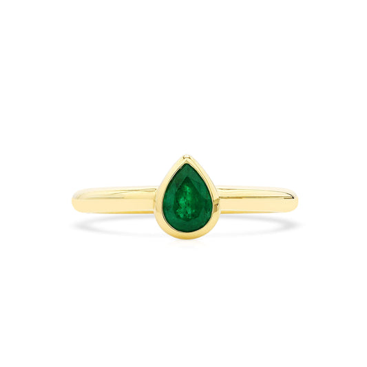Natural Vivid Green Emerald Solitaire Ring, 18K Yellow Gold, Pear Shape, 0.55 Ct. TW