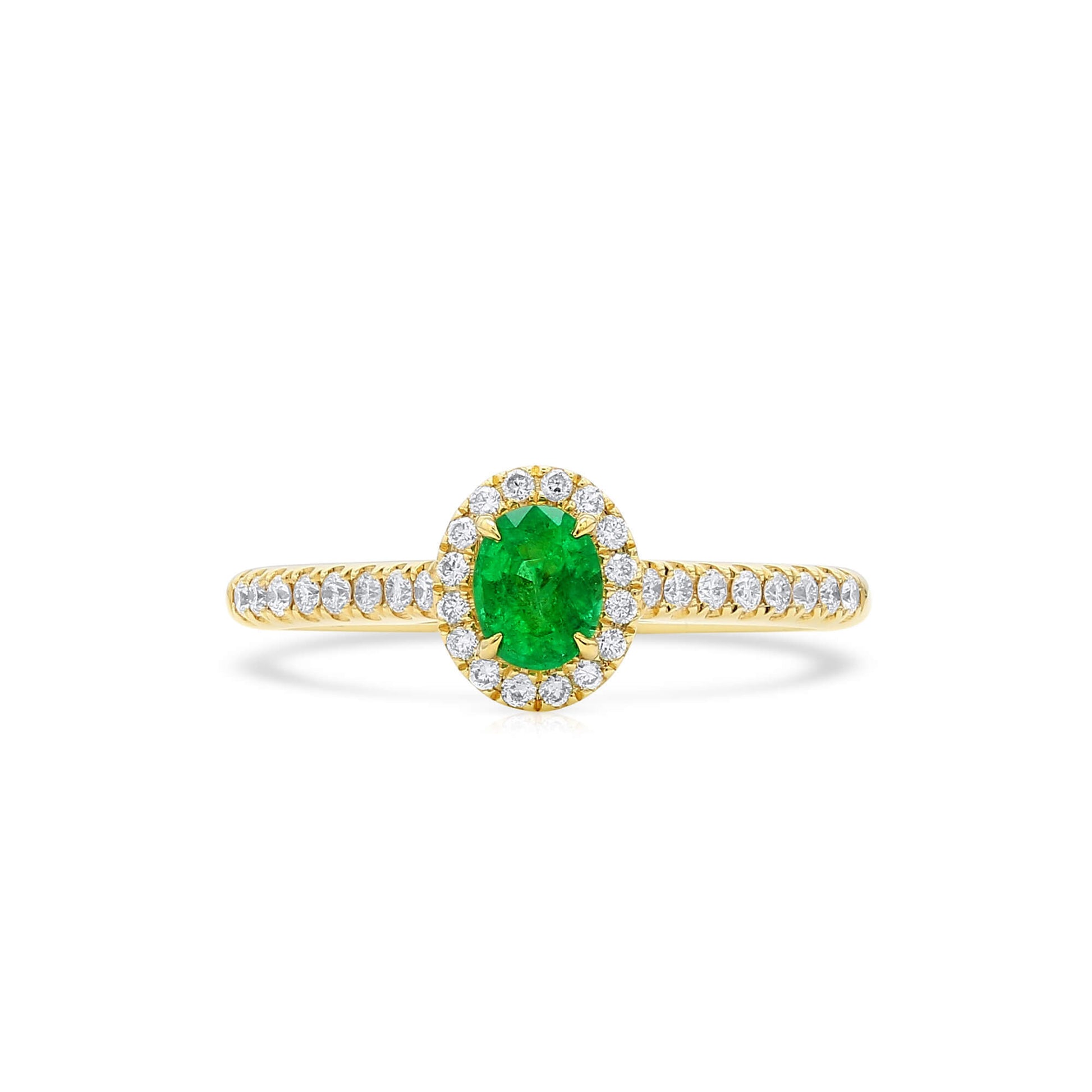 Natural Vivid Green Emerald Halo Ring, 18K Yellow Gold, Oval Shape, 0.60 Ct. TW

(Origin omitted per rules; no treatment added since the gemstone is an emerald.)