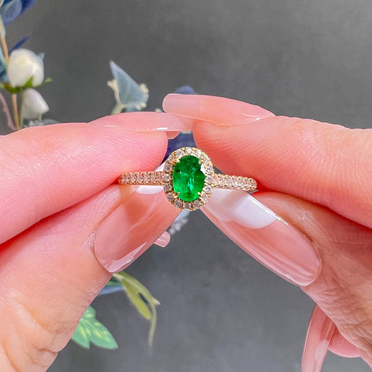 Natural Vivid Green Emerald Halo Ring, 18K Yellow Gold, Oval Shape, 0.60 Ct. TW