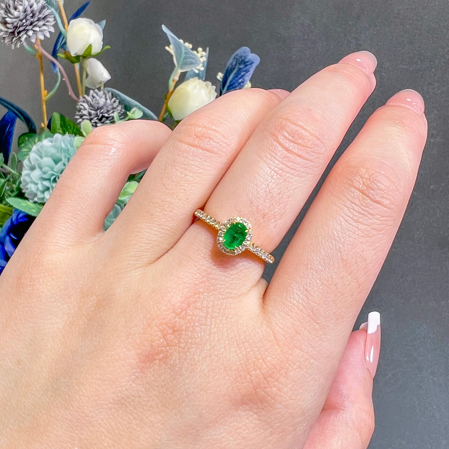 Natural Vivid Green Emerald Halo Ring, 18K Yellow Gold, Oval Shape, 0.60 Ct. TW