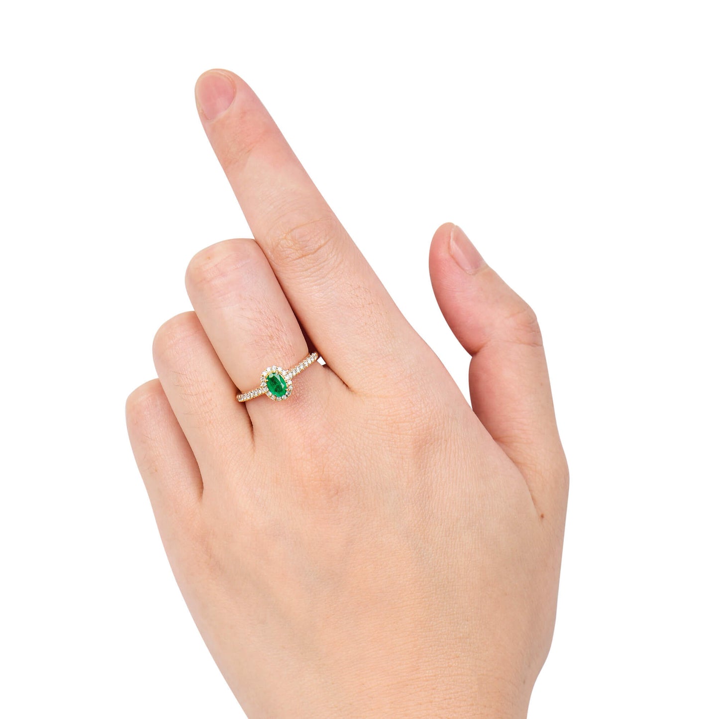 Natural Vivid Green Emerald Halo Ring, 18K Yellow Gold, Oval Shape, 0.60 Ct. TW