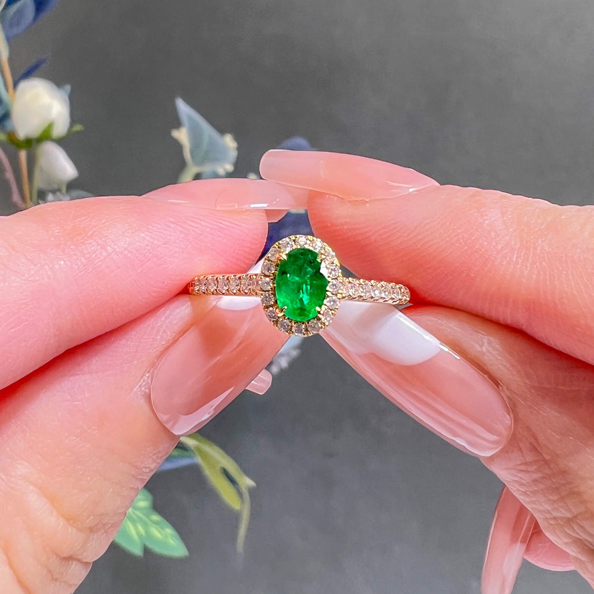 Natural Vivid Green Emerald Halo Ring, 18K Yellow Gold, Oval Shape, 0.60 Ct. TW