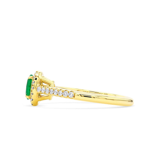 Natural Vivid Green Emerald Halo Ring, 18K Yellow Gold, Oval Shape, 0.60 Ct. TW