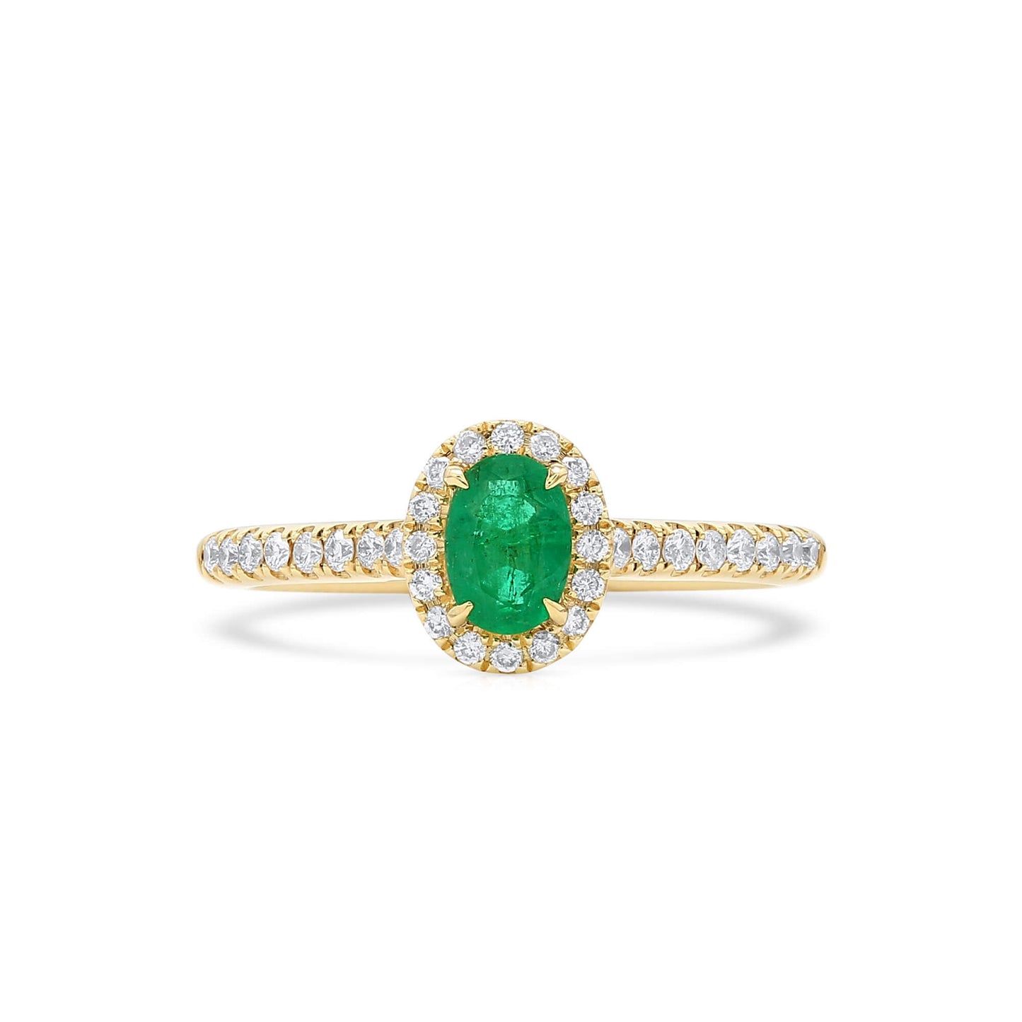 Natural Vivid Green Emerald Halo Ring, 18K Yellow Gold, Oval Shape, 0.60 Ct. TW