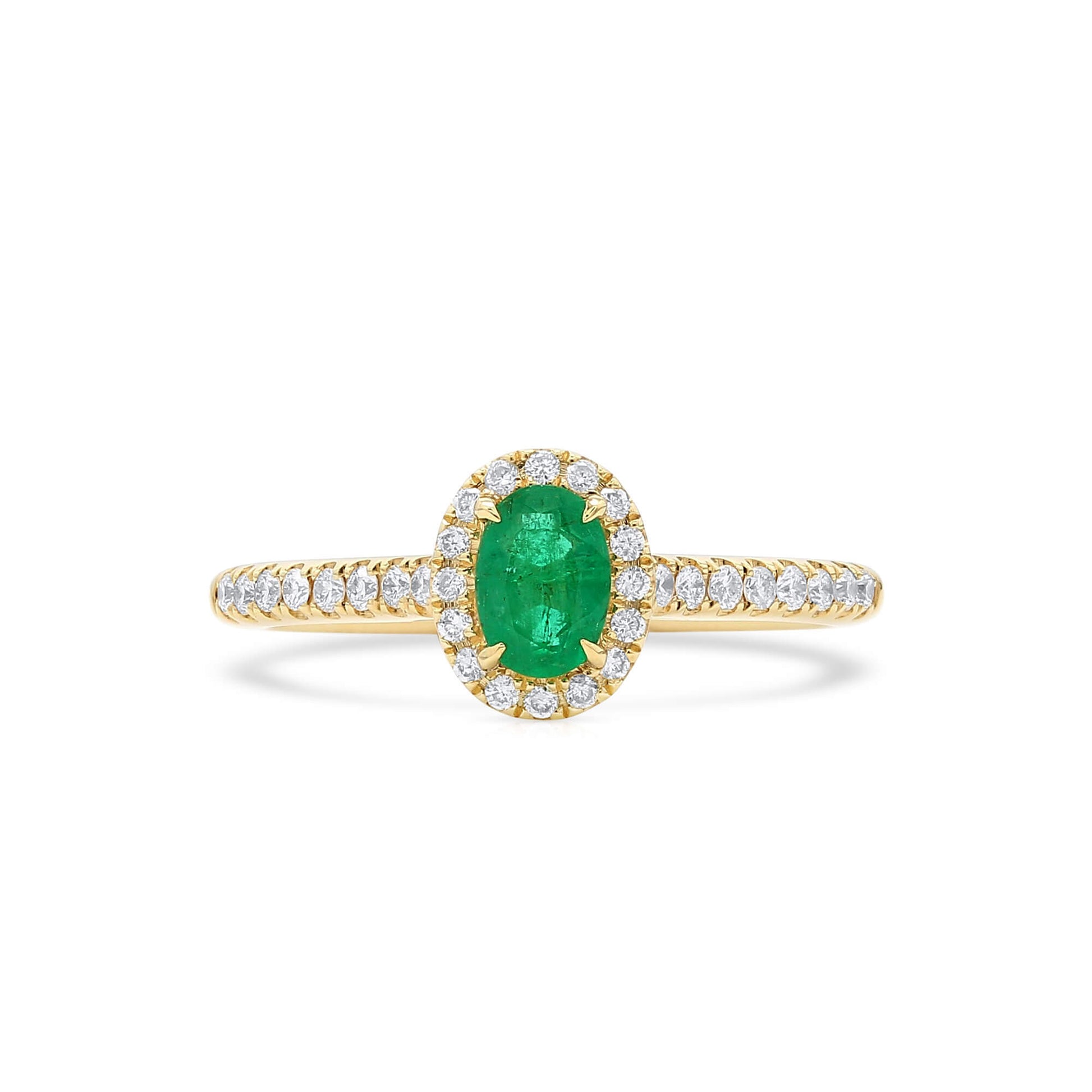 Natural Vivid Green Emerald Halo Ring, 18K Yellow Gold, Oval Shape, 0.60 Ct. TW