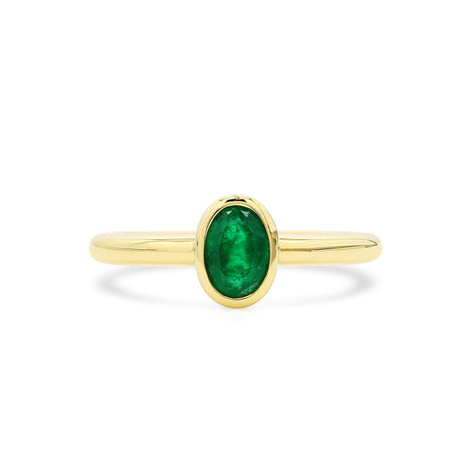 Natural Vivid Green Emerald Solitaire Ring, 18K Yellow Gold, Oval Shape, 0.64 Ct. TW